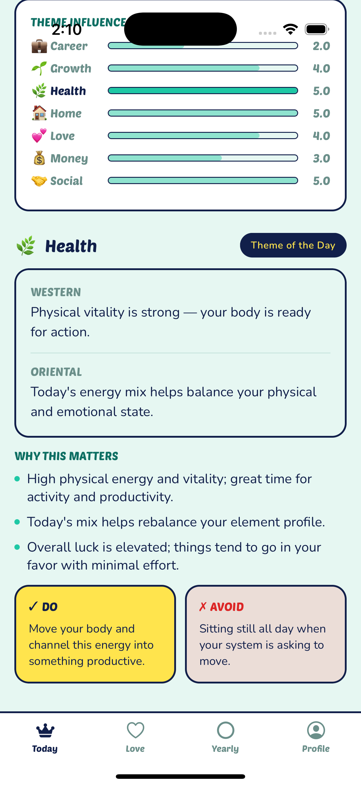 Today screen with Western and Oriental astrology tab toggle and theme scores