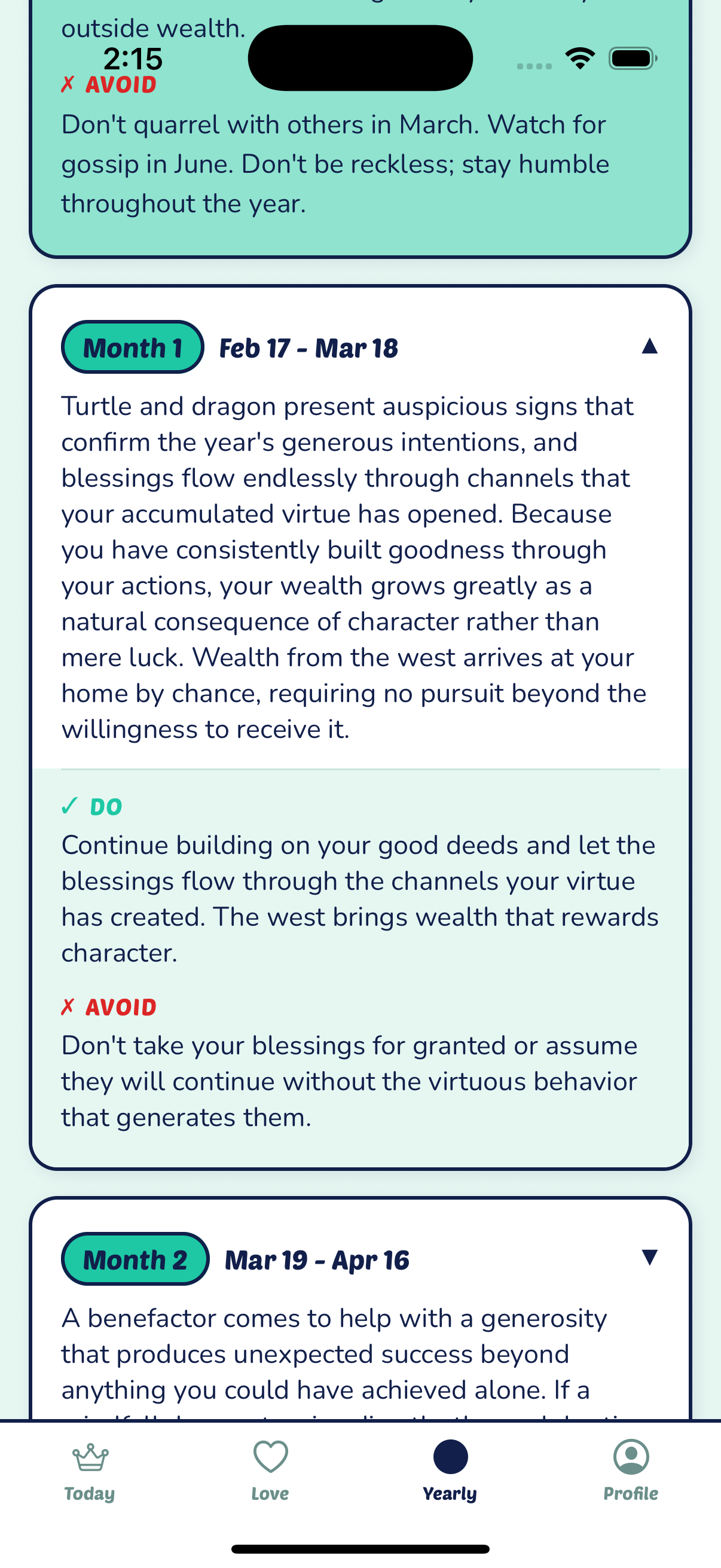 Yearly fortune screen with overall fortune and monthly fortune cards